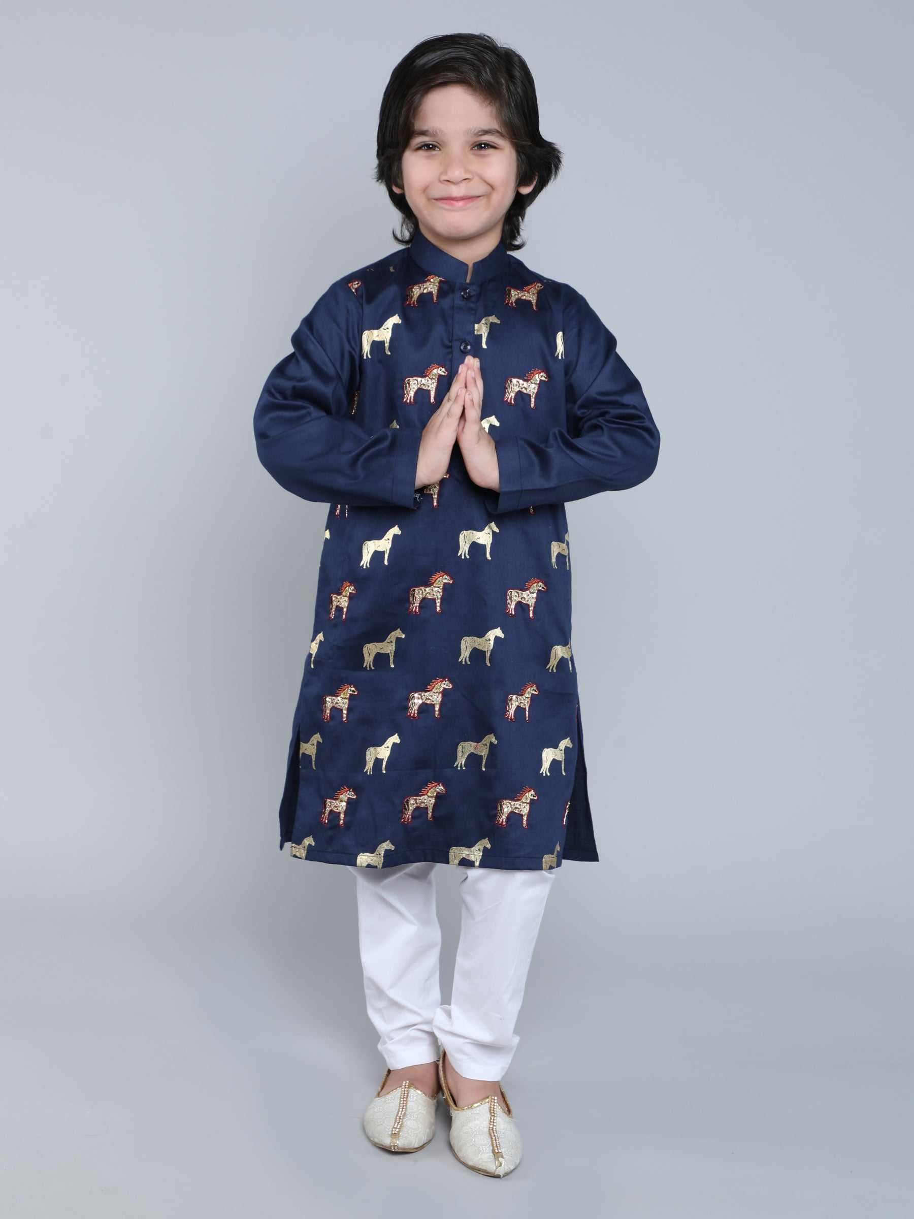 Navy Blue Embroidered Horse Kurta Set