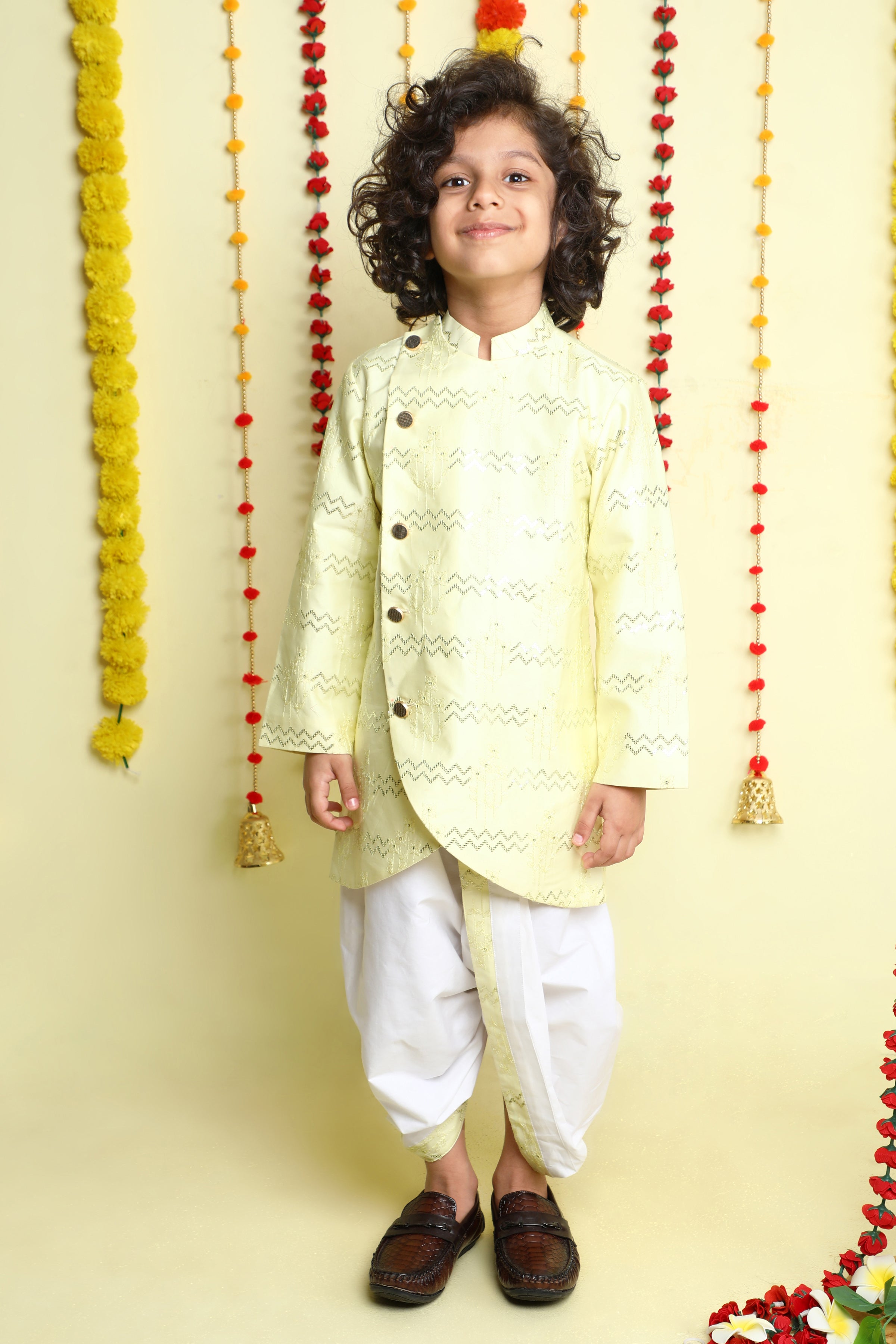 Lemon Yellow Sequined Asymmetric Kurta Dhoti Set