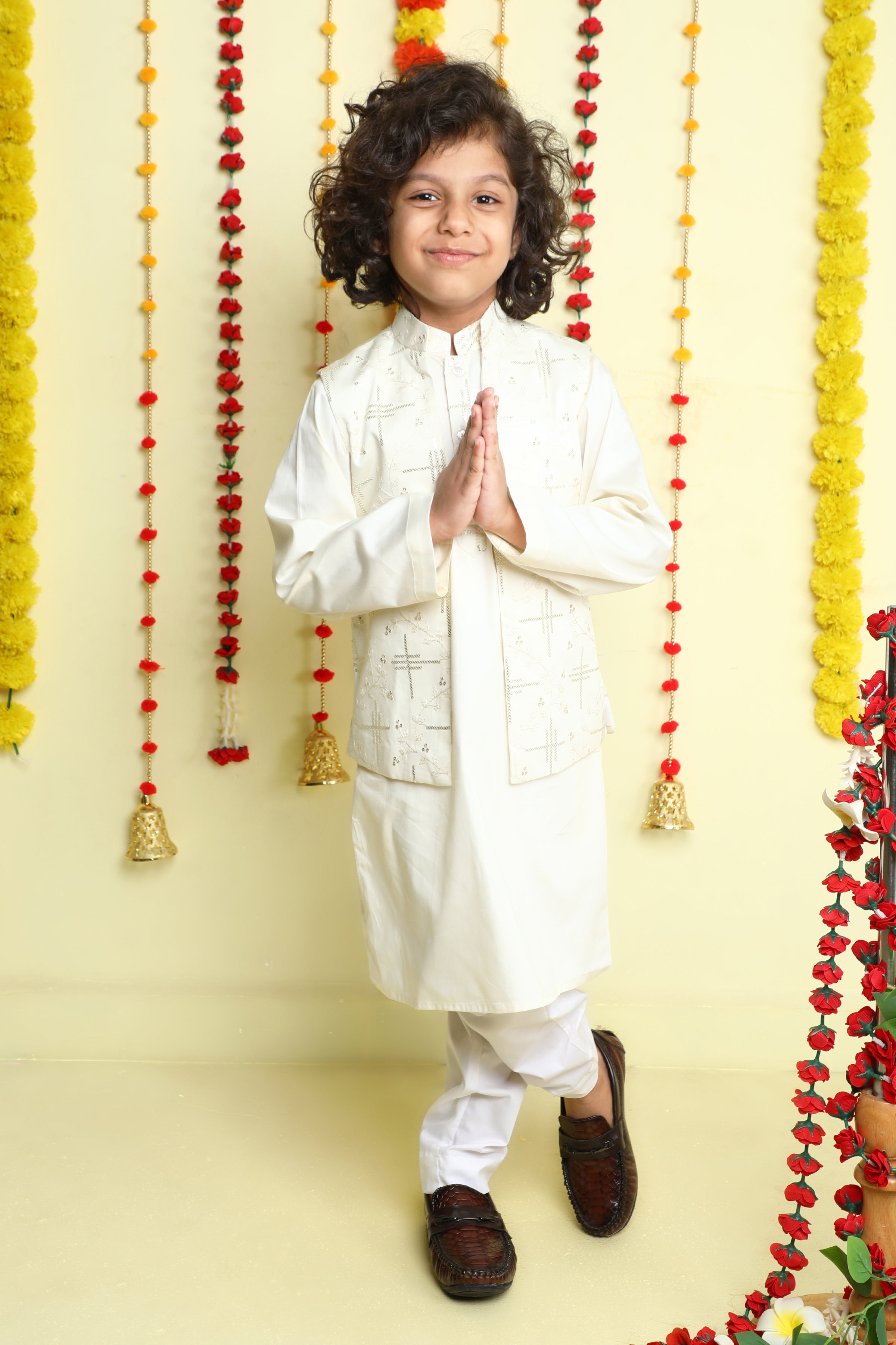 Ivory Kurta Set with Sequined Nehru Jacket