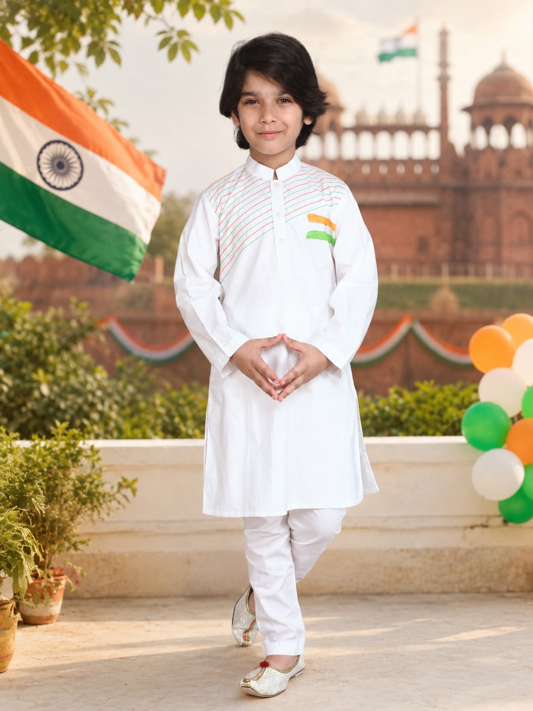 White Hand-Painted Indian Flag Themed Kurta Set