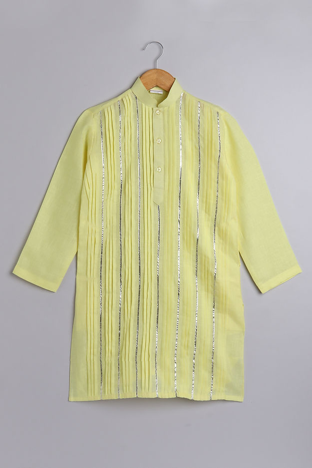 Pure Linen lemon yellow colour- pleats with gold lace work - kurta set