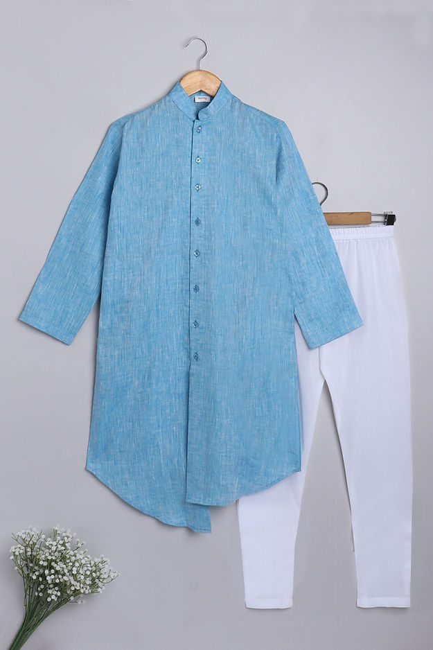 Pure Linen solid Blue colors kurta set