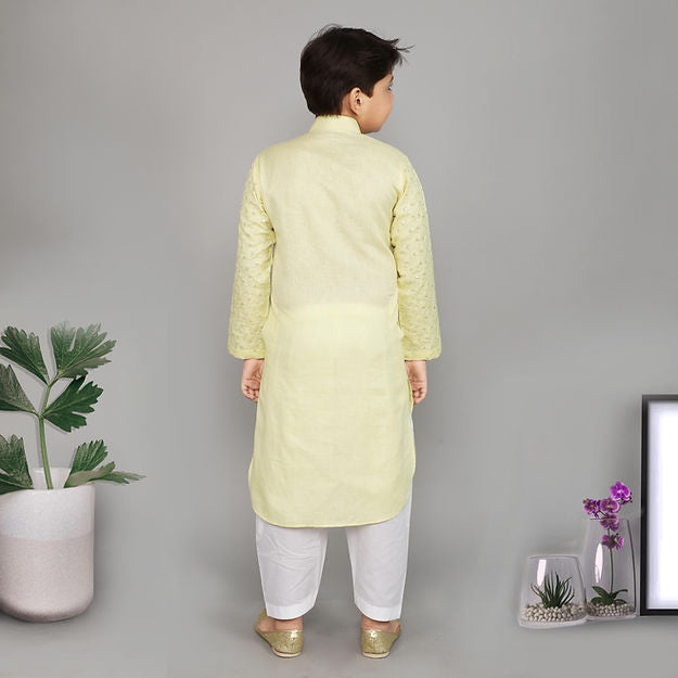 Pure Linen Lemon Yellow colour - self colour sequins embroidery - kurta set