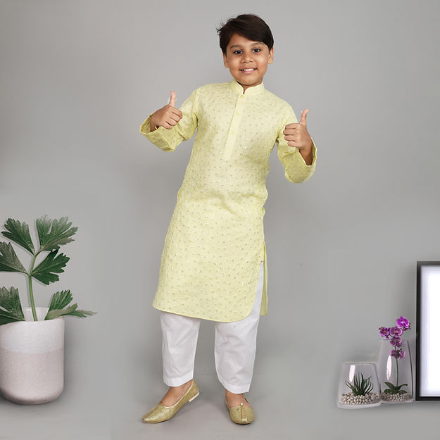 Pure Linen Lemon Yellow colour - self colour sequins embroidery - kurta set
