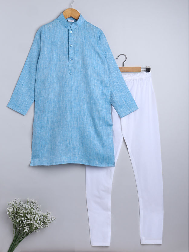 Pure Linen plain Kurta Set - Blue