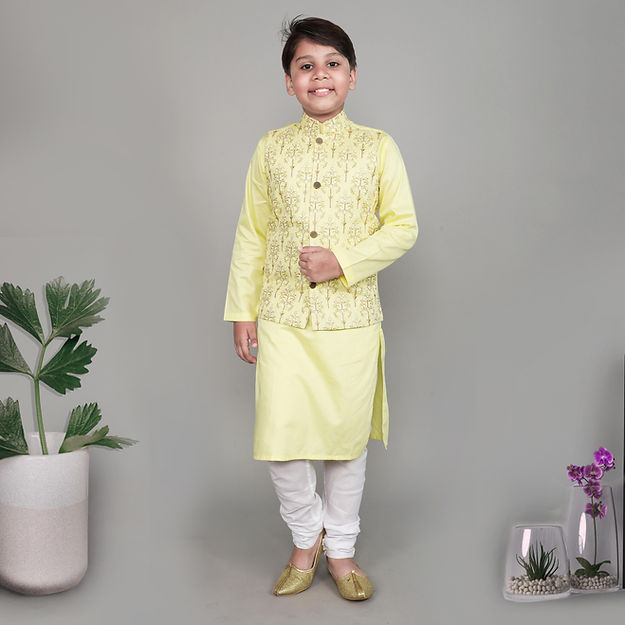Cotton Silk 3pcs Kurta Set - zari and self coloured thread embroidery - Yellow