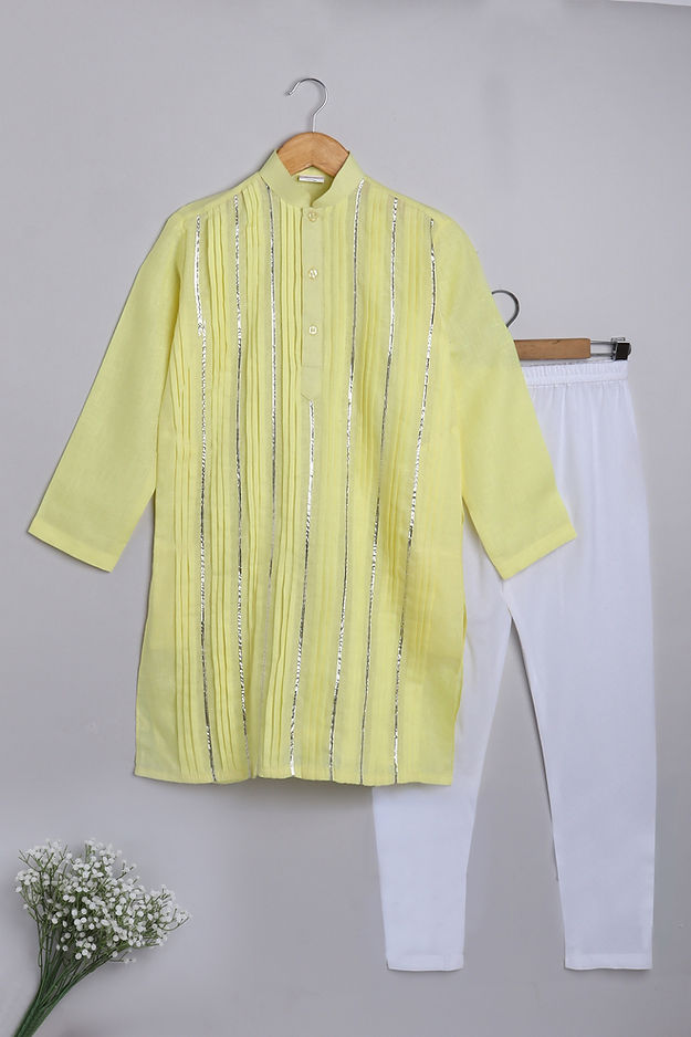 Pure Linen lemon yellow colour- pleats with gold lace work - kurta set