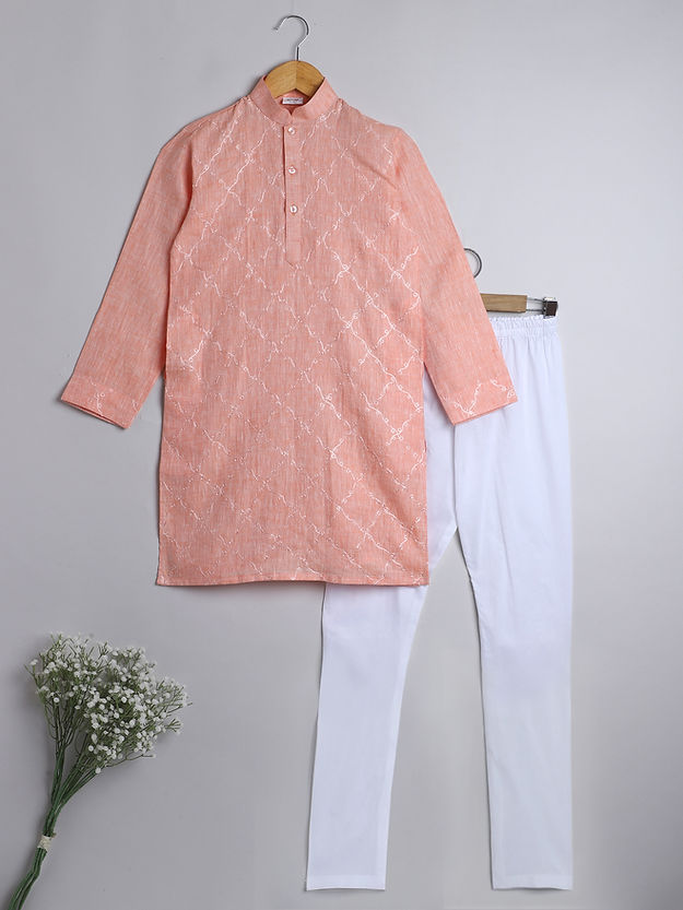 Pure Linen Peach colour - hand embroidery - kurta set