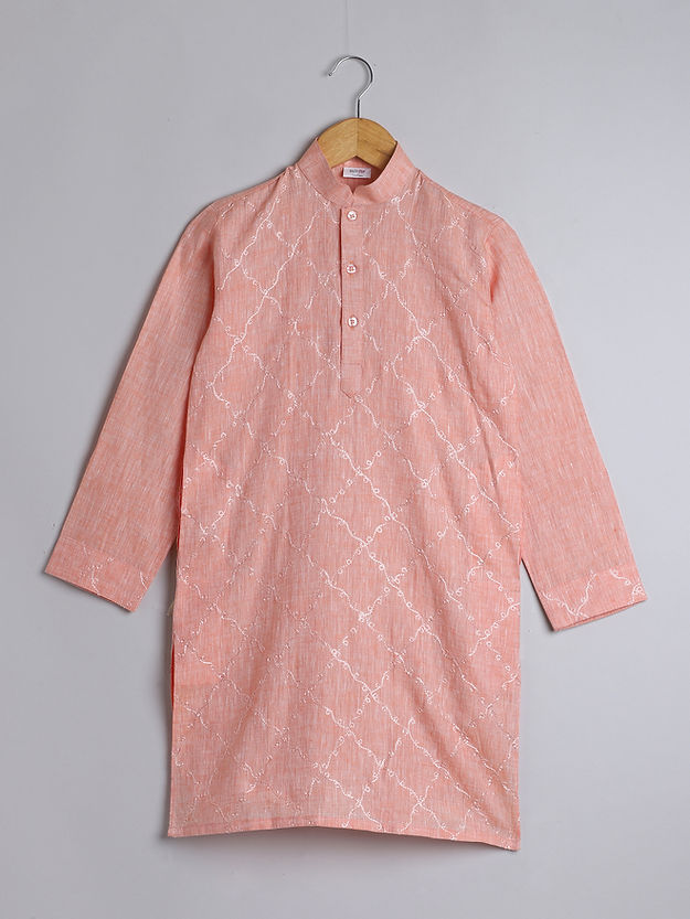 Pure Linen Peach colour - hand embroidery - kurta set