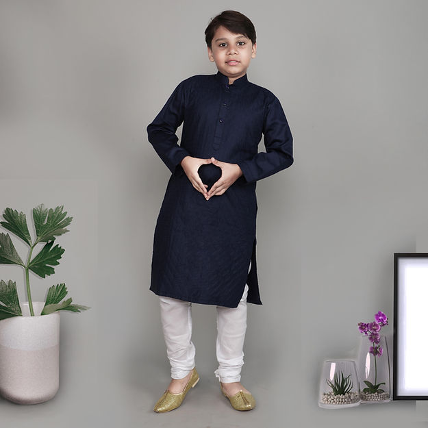Cotton Silk kurta set - self colored thread embroidery - Navy Blue