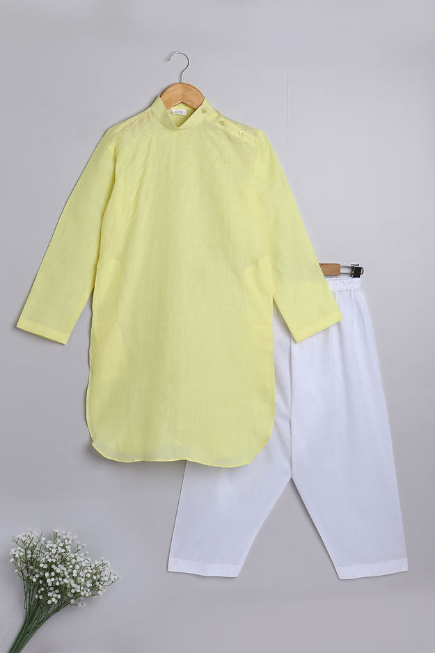 Pure Linen lemon yellow color Kurta set