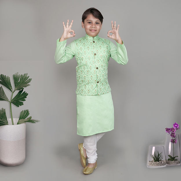 Cotton Silk 3pcs Kurta Set - zari and self coloured thread embroidery - Lime Green
