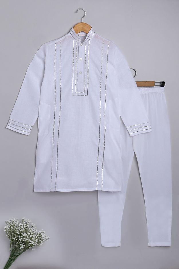 Pure Linen white colour- silver lace work- kurta set