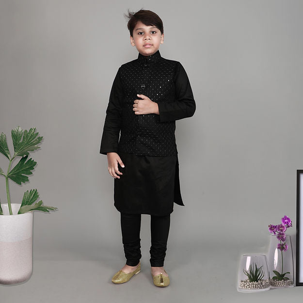 Cotton silk 3pcs Kurta Set - sequins and self colored thread embroidery - Black